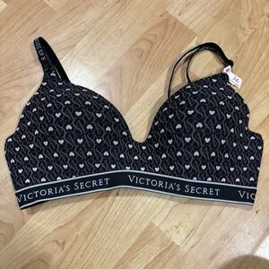 Victoria's Secret 34C Black Logo Lightly‎ Lined Wireless Cotton Bra NWT